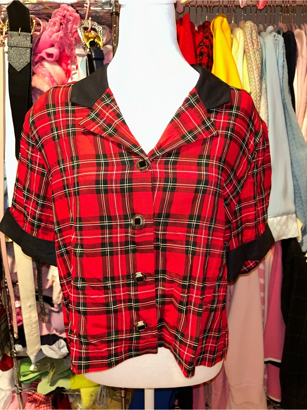 Women's Red Plaid Button-Down Shirt with Black Trim